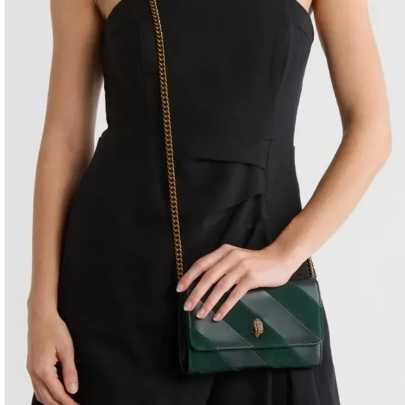 Kurt Geiger Soho Wallet on a Chain Crossbody Dark Green Suede and Leather - Picture 2 of 13